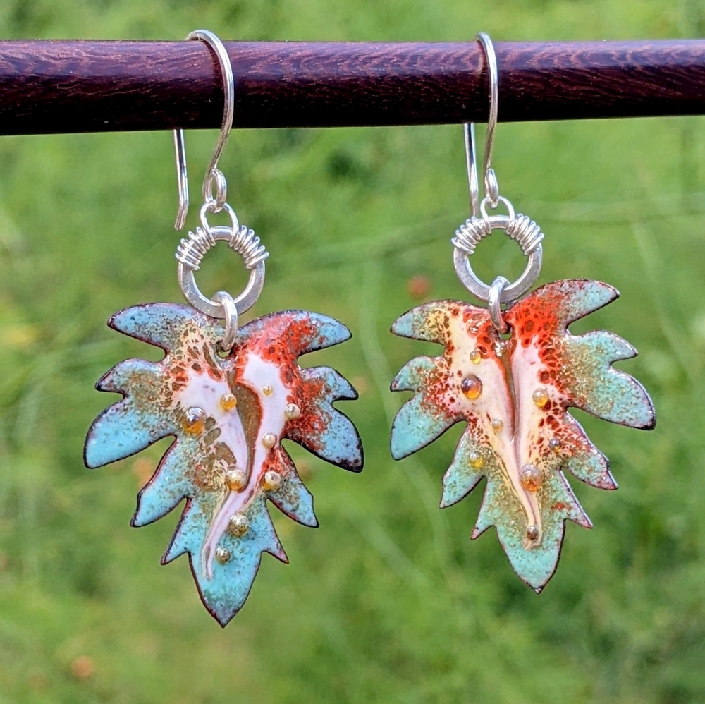 Hand Crafted Sterling Silver Earrings Artisan Leaf Charm Wire Wrap Hoop - Picture 5 of 15